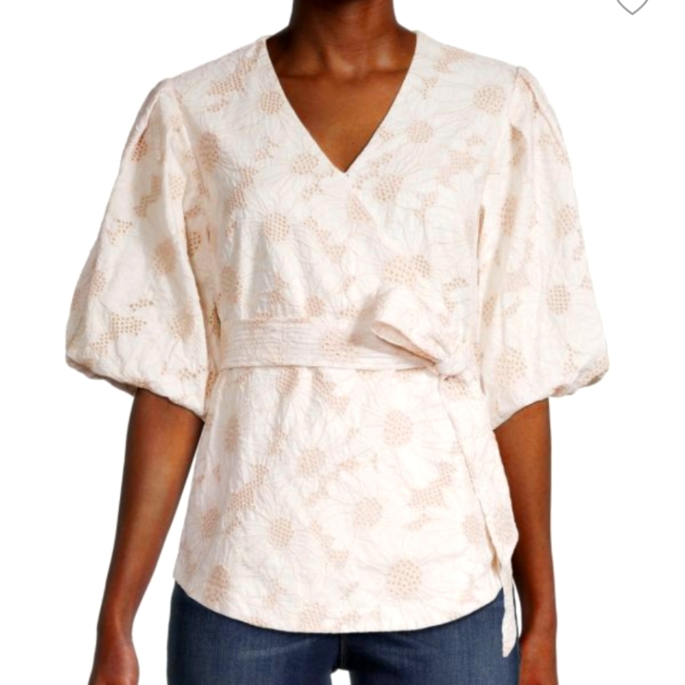 Elie Tahari Floral-Embroidery Faux Wrap Top in Beige White, Large